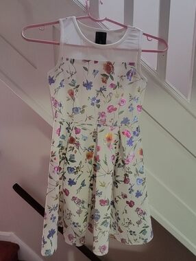 Girls' Cream Floral Fit-and-Flare Dress